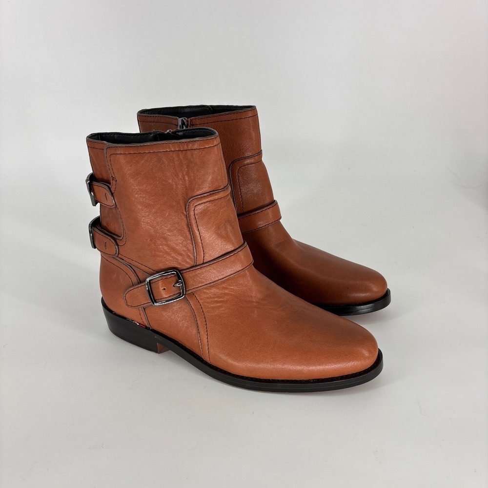 Franco Sarto Prina Moto Ankle Boots Tobacco Brown Women Size 9.5 Leather Buckle